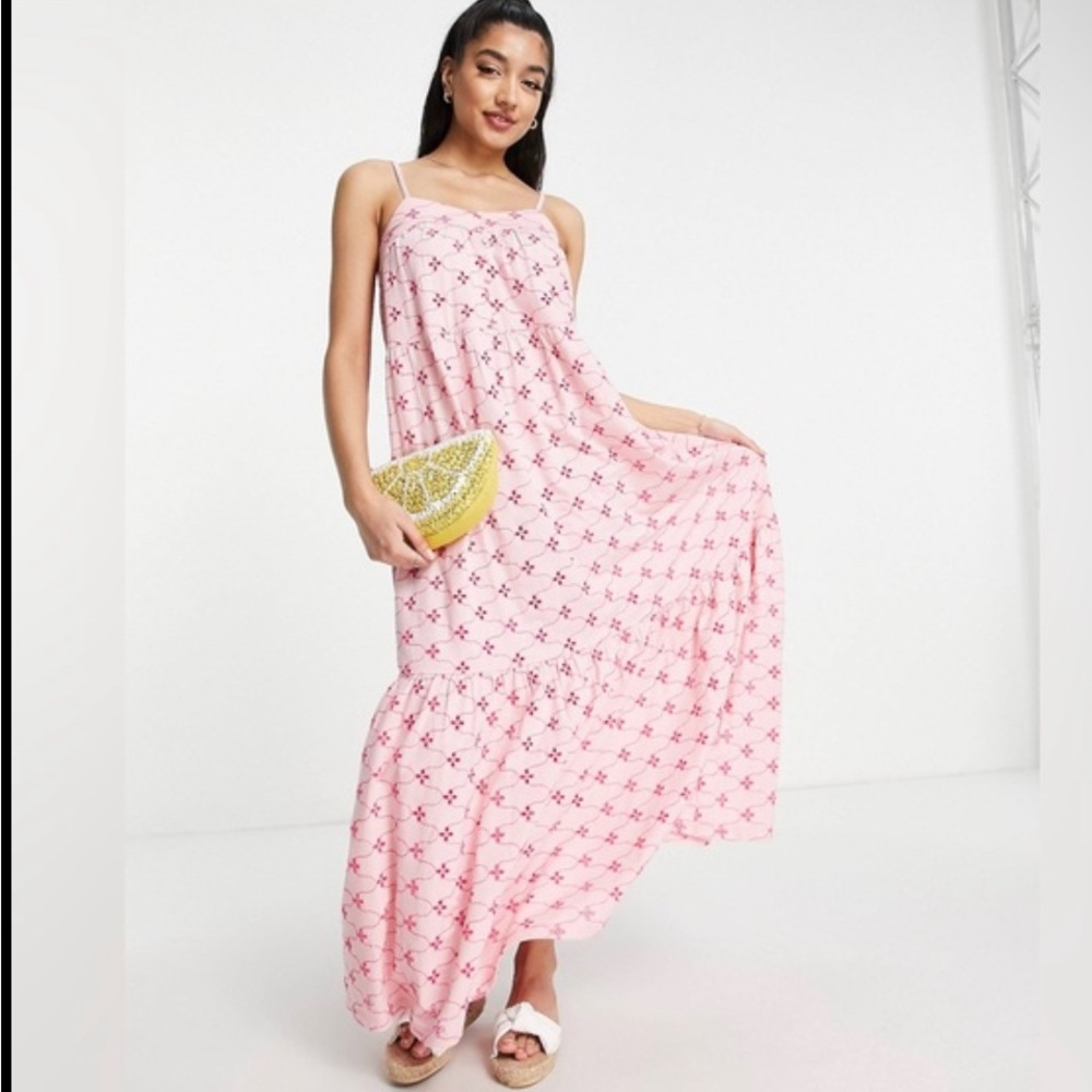 ASOS Broderie Eyelet Strappy Maxi Dress with Covered Buttons Light & Dark Pink - Picture 12 of 12